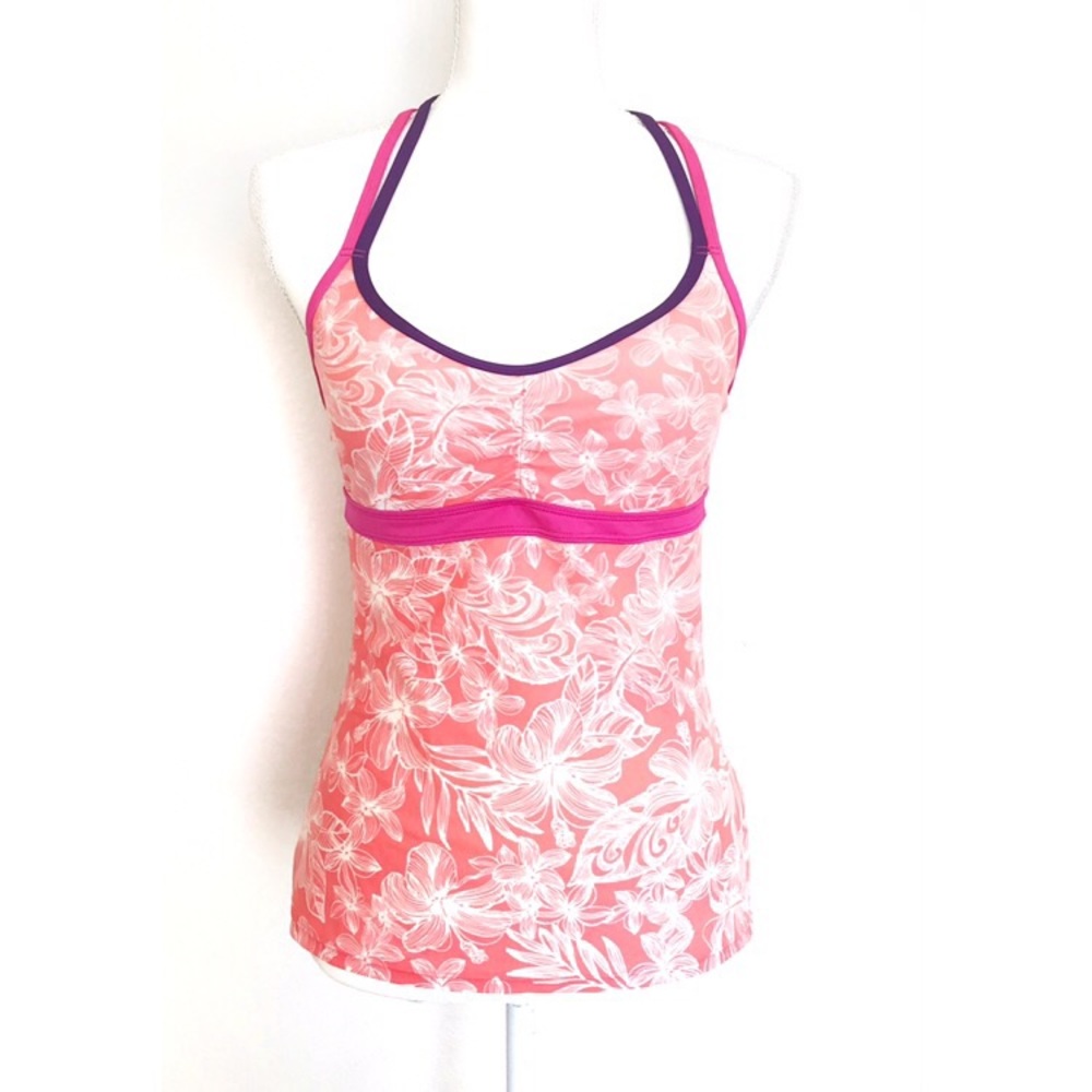 Athleta Floral Strappy Scrunch Tankini Purple Pink